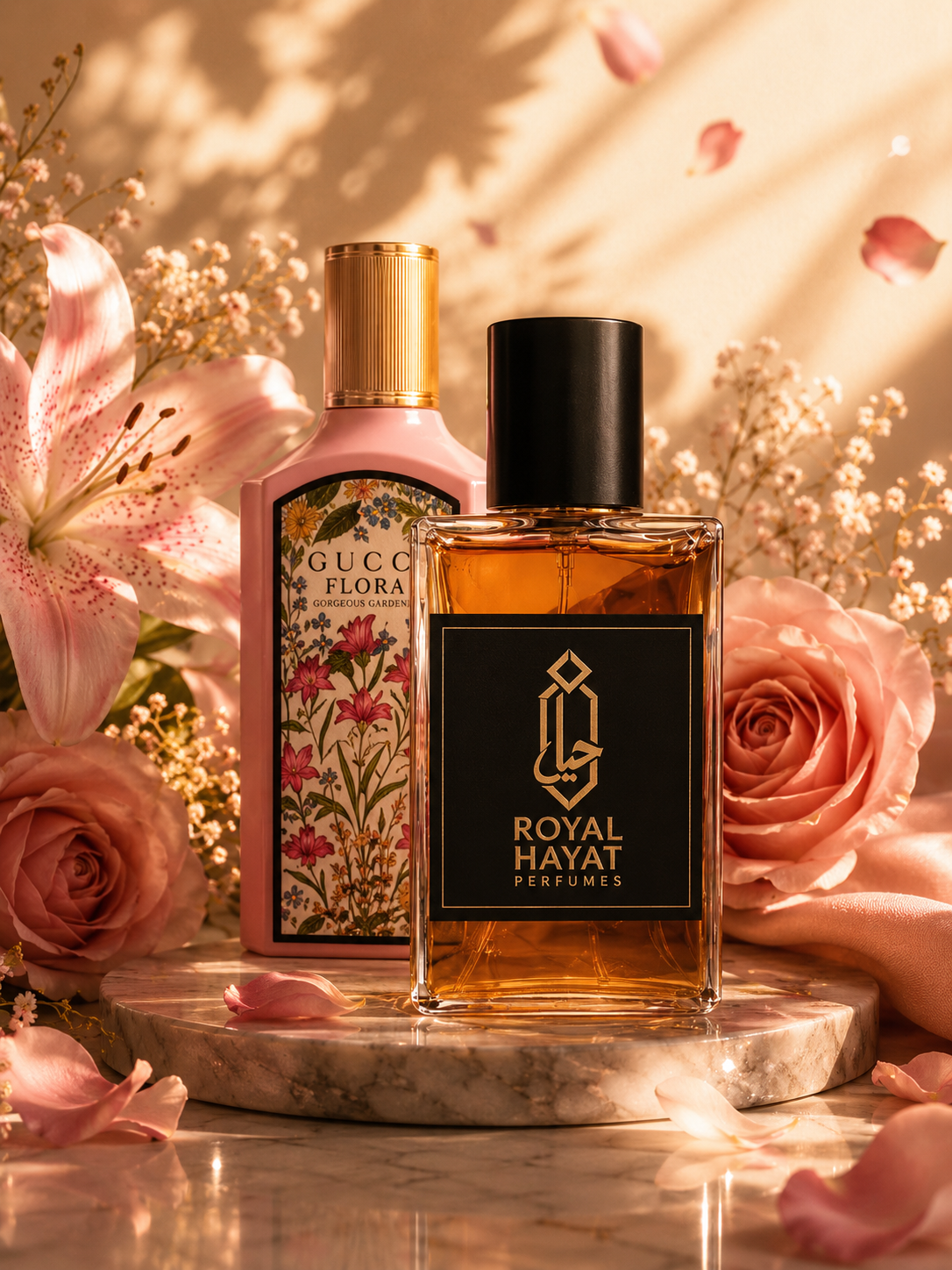 Floral collection — Royal Hayat eau de parfum with amber, rose and oud wood on a light backdrop