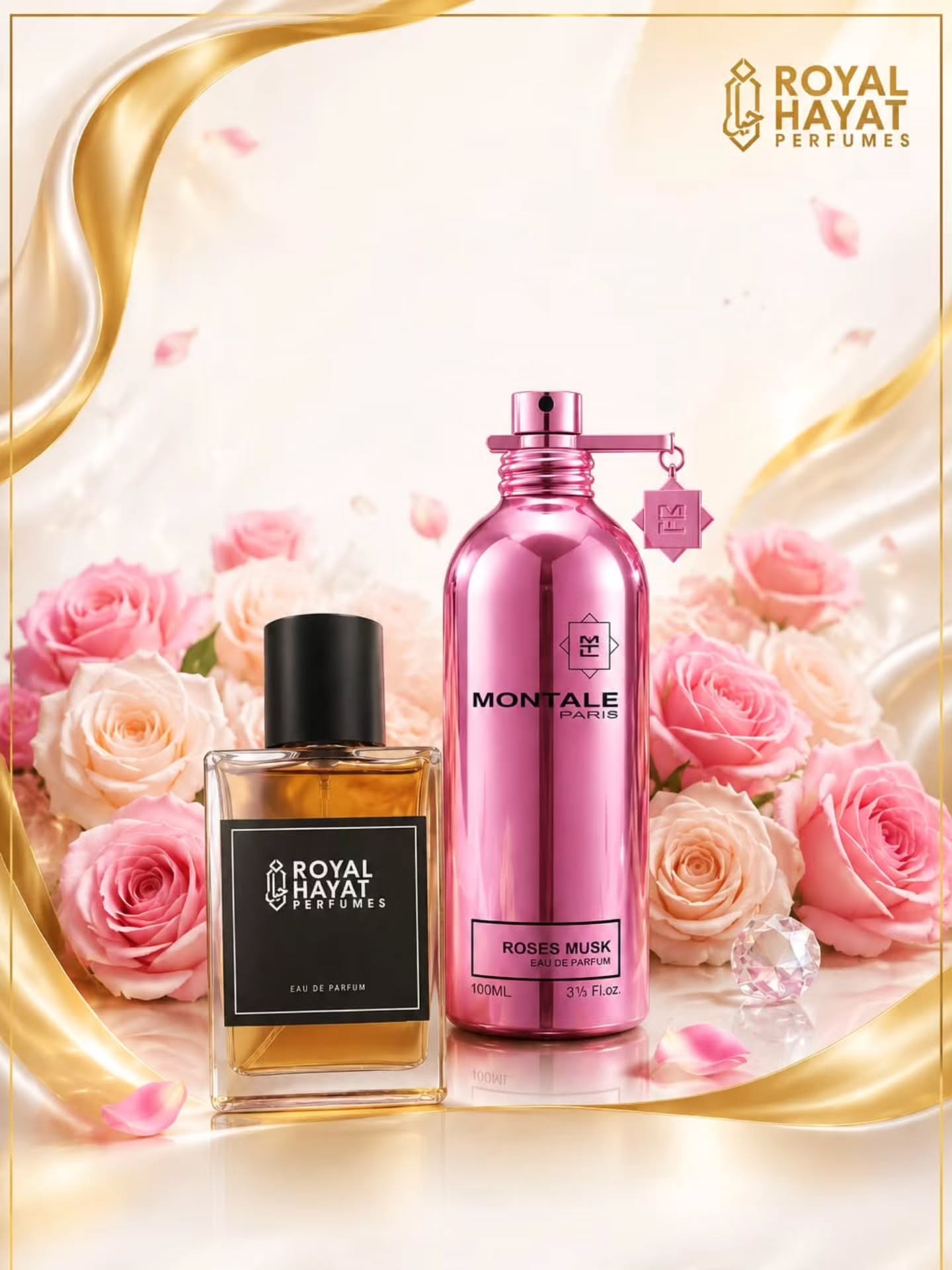Roses Musk — Royal Hayat musk eau de parfum with soft pink roses on ivory silk